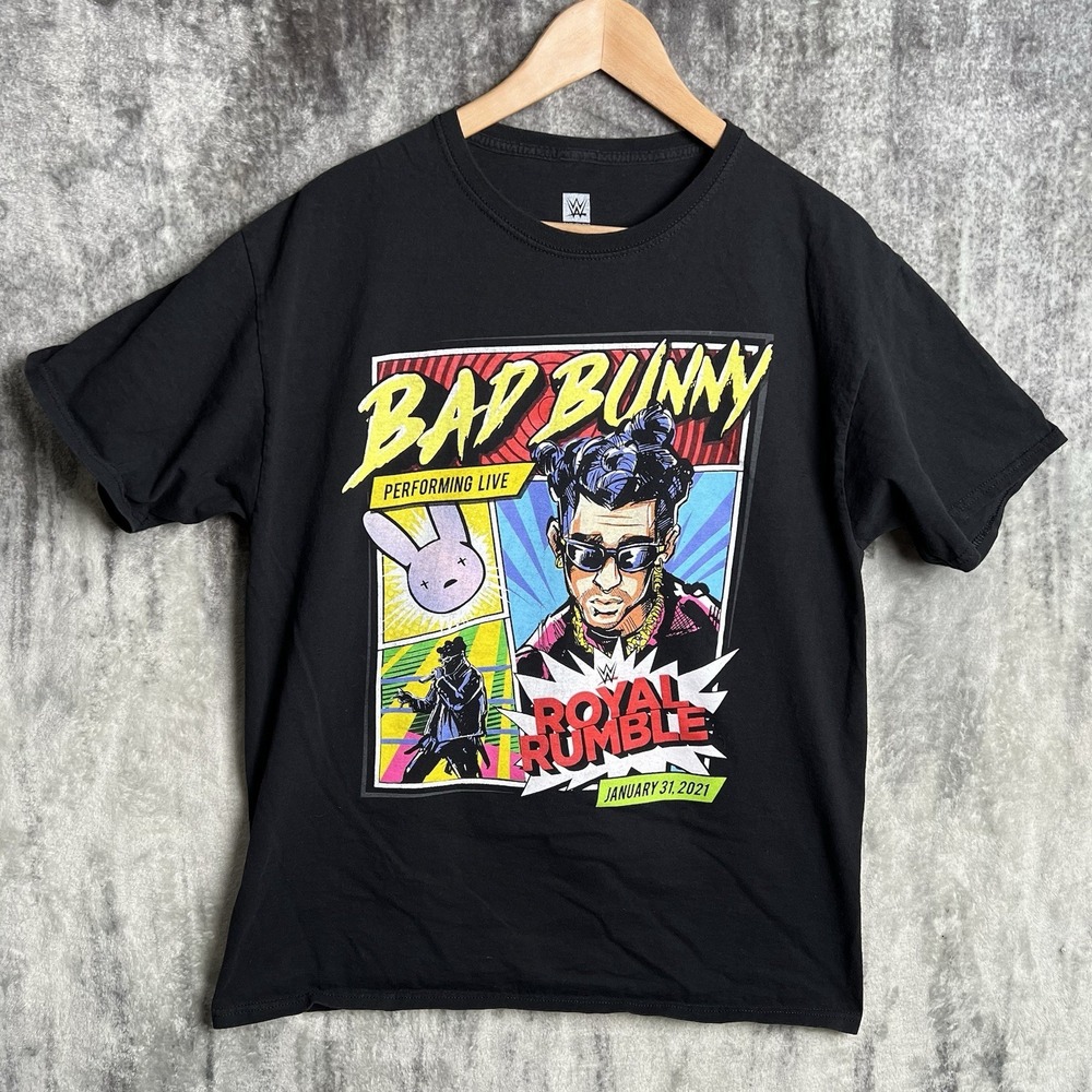 Bad Bunny Mens Large T-shirt WWE Royal Rumble Black Short Sleeve‎ Graphic Cotton
